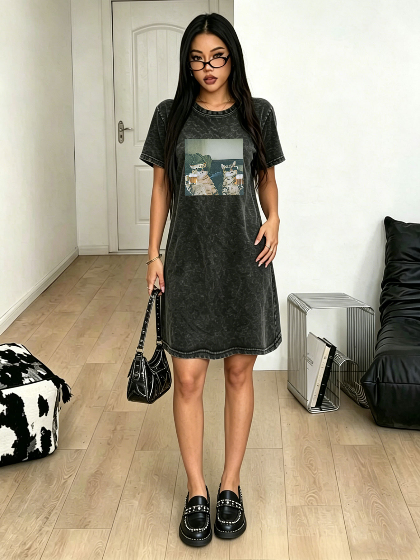 Streetwear Brand Cat - Abito T-shirt Vintage Effetto Lavato e
