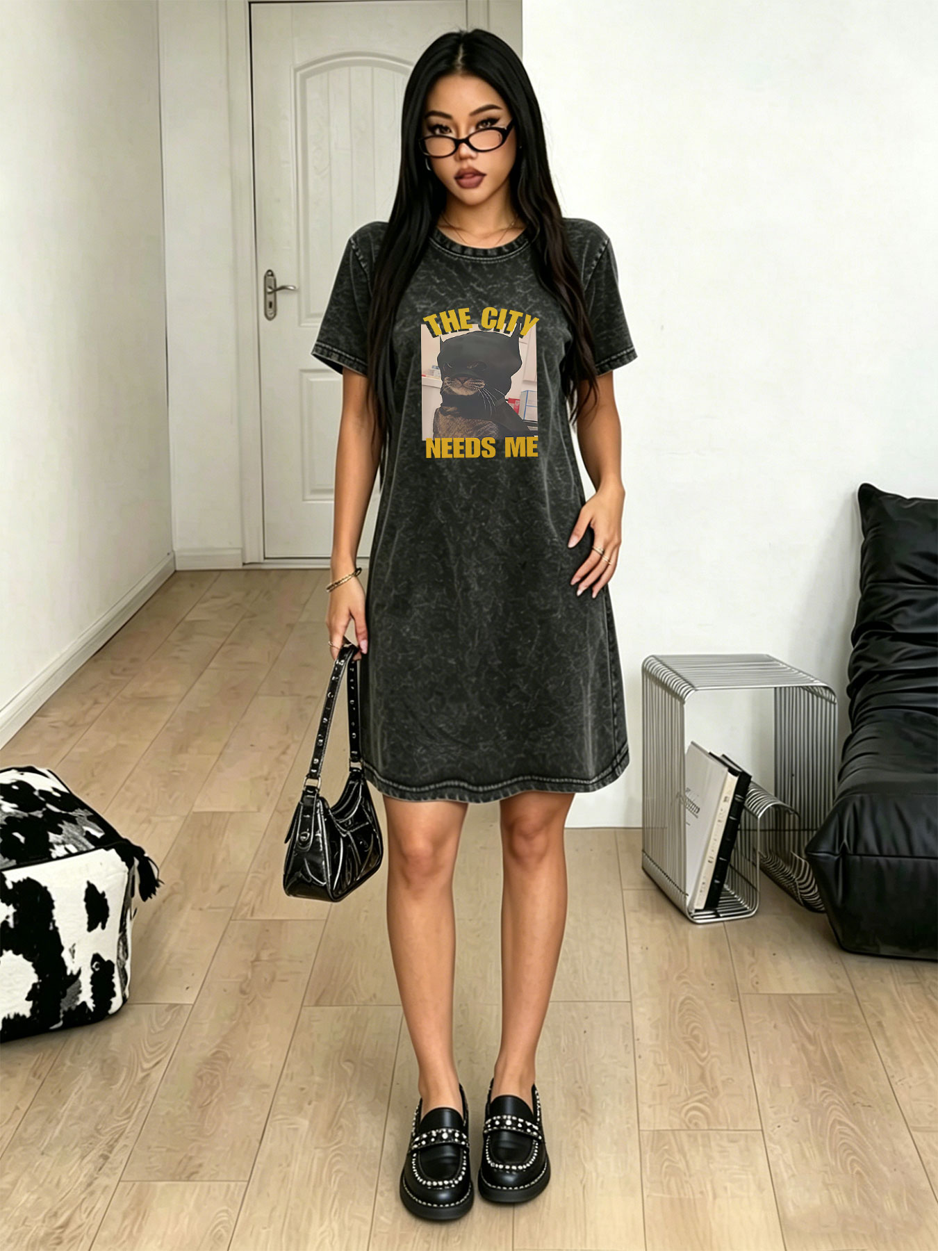 Streetwear Brand Cat - Abito T-Shirt Vintage Effetto Lavato e